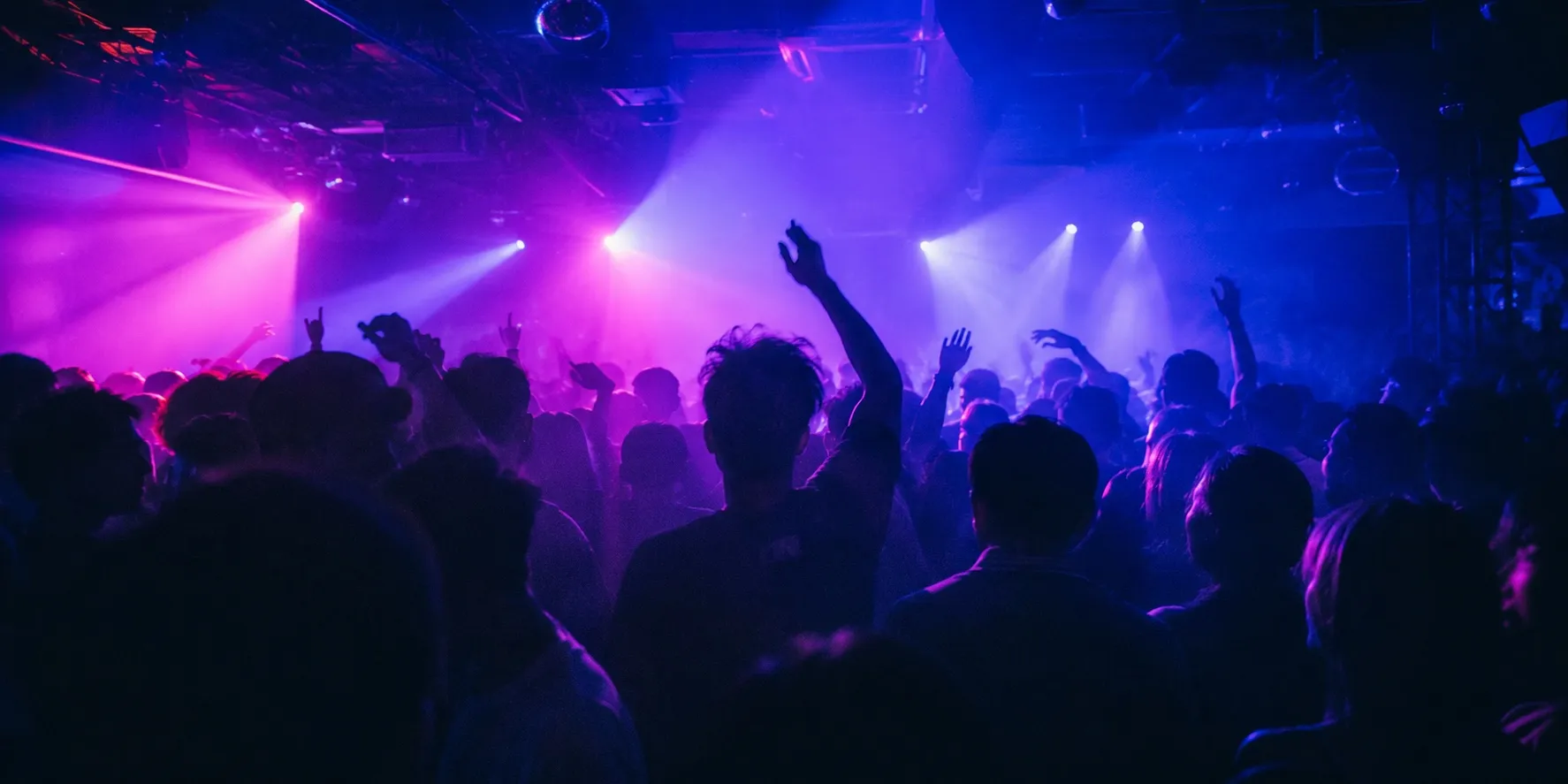 La pista di una discoteca di notte, vista da dietro la folla. Decine di sagome scure di teste e di braccia alzate si stagliano contro i fasci di luce magenta, viola e blu che tagliano il fumo dal soffitto. Nessuno ha un telefono in mano.