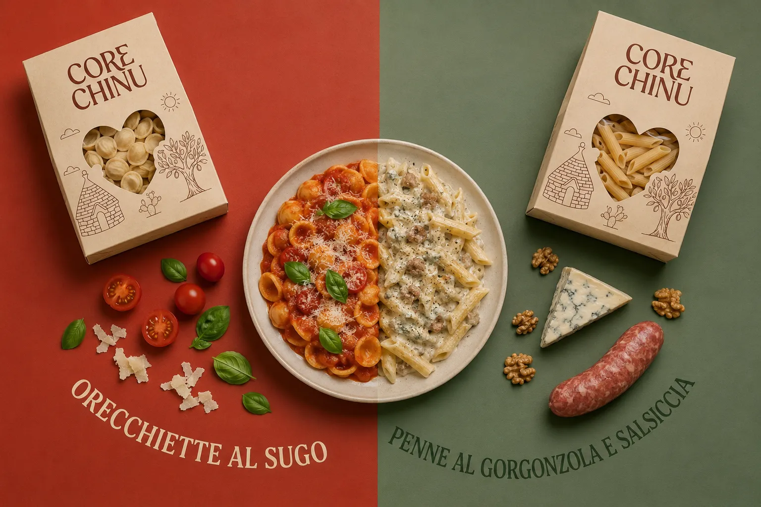 Un solo piatto rotondo in ceramica visto dall'alto, diviso a metà: a sinistra orecchiette al sugo con basilico e formaggio grattugiato su fondo rosso mattone, a destra penne alla crema di gorgonzola e salsiccia su fondo verde salvia. In ognuno dei due angoli in alto una confezione di pasta in carta, e sotto il nome di ciascun piatto curvato sul fondo.